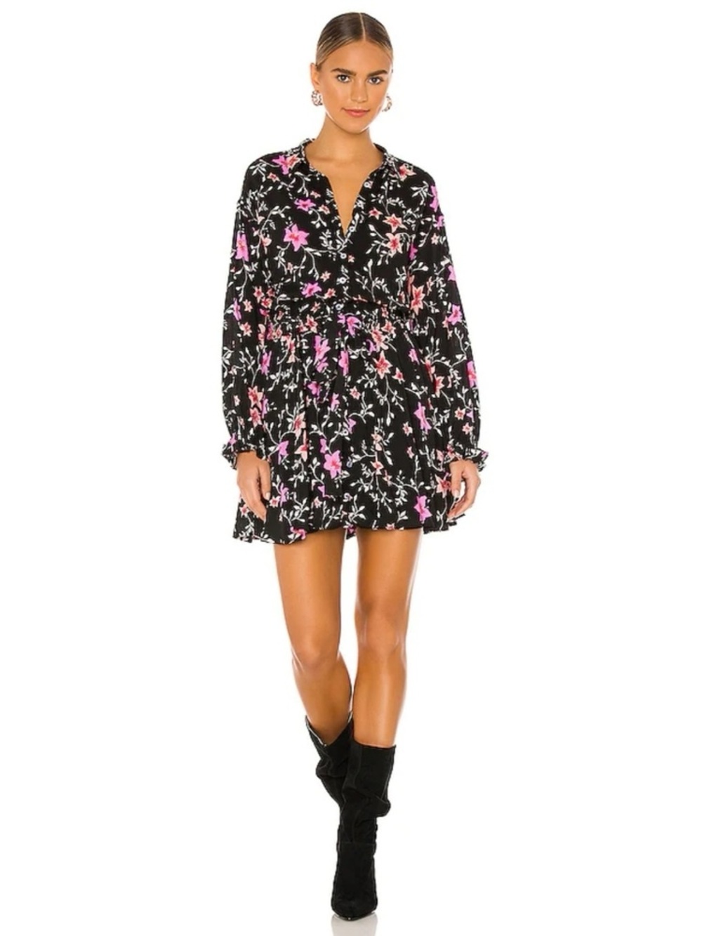 Free People Lighten Up MiniBlack Floral Long-Sleeve with Pink Accents